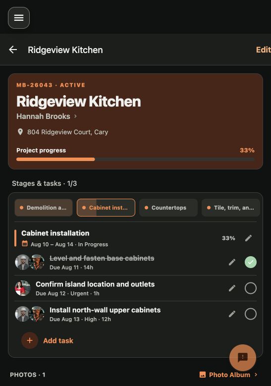 ContractorOS Projects view showing grouped active, scheduled, and attention-needed remodeling jobs