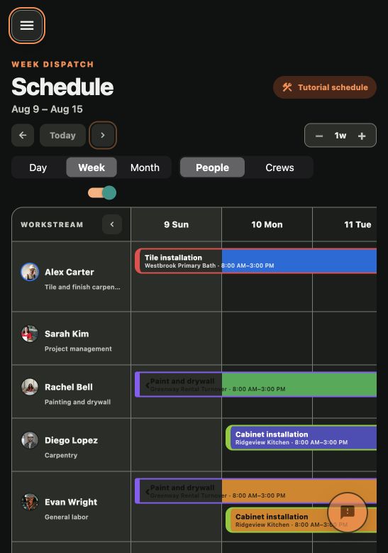 ContractorOS week dispatch board showing workers and multi-day project assignments